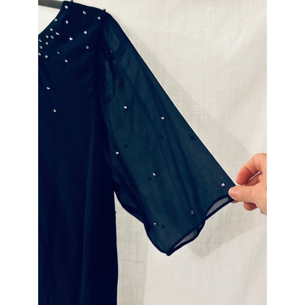 Black Rhinestone Sheath Dress Sheer Flutter Sleeve V-Back Cocktail Dress - Picture 4 of 10